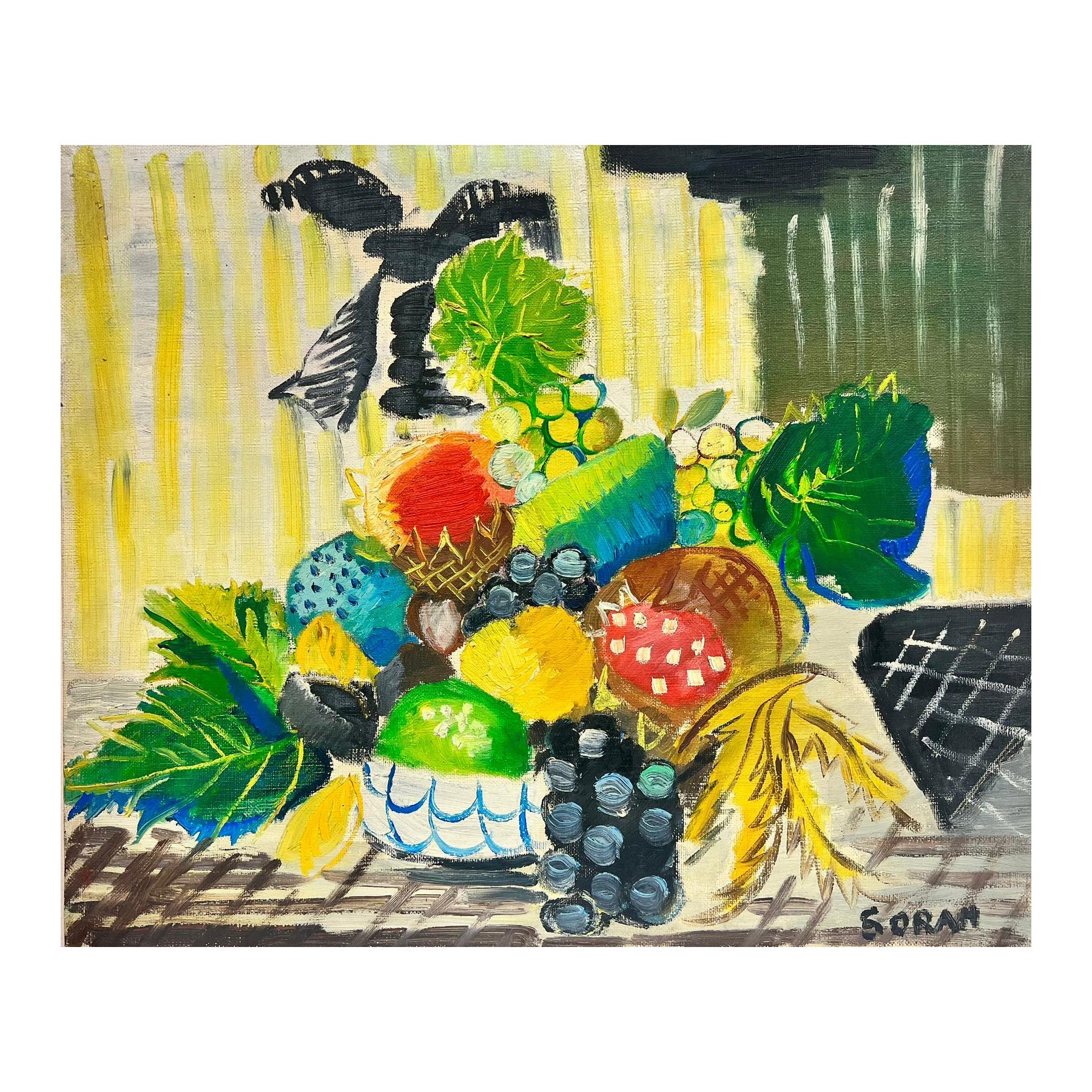 Nature morte colorée de fruits sur une table, signée par un artiste moderniste des années 1960