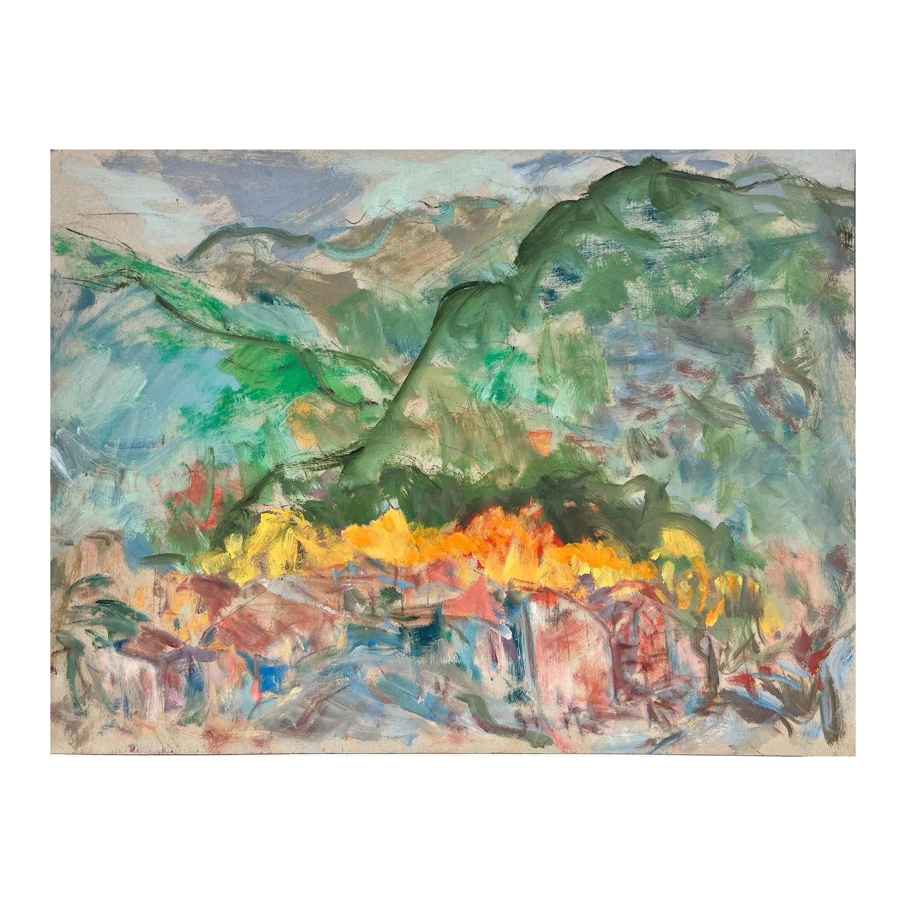 French School Landscape Painting - 20th Century French Expressionist Provencal Landscape Green Hills & Town