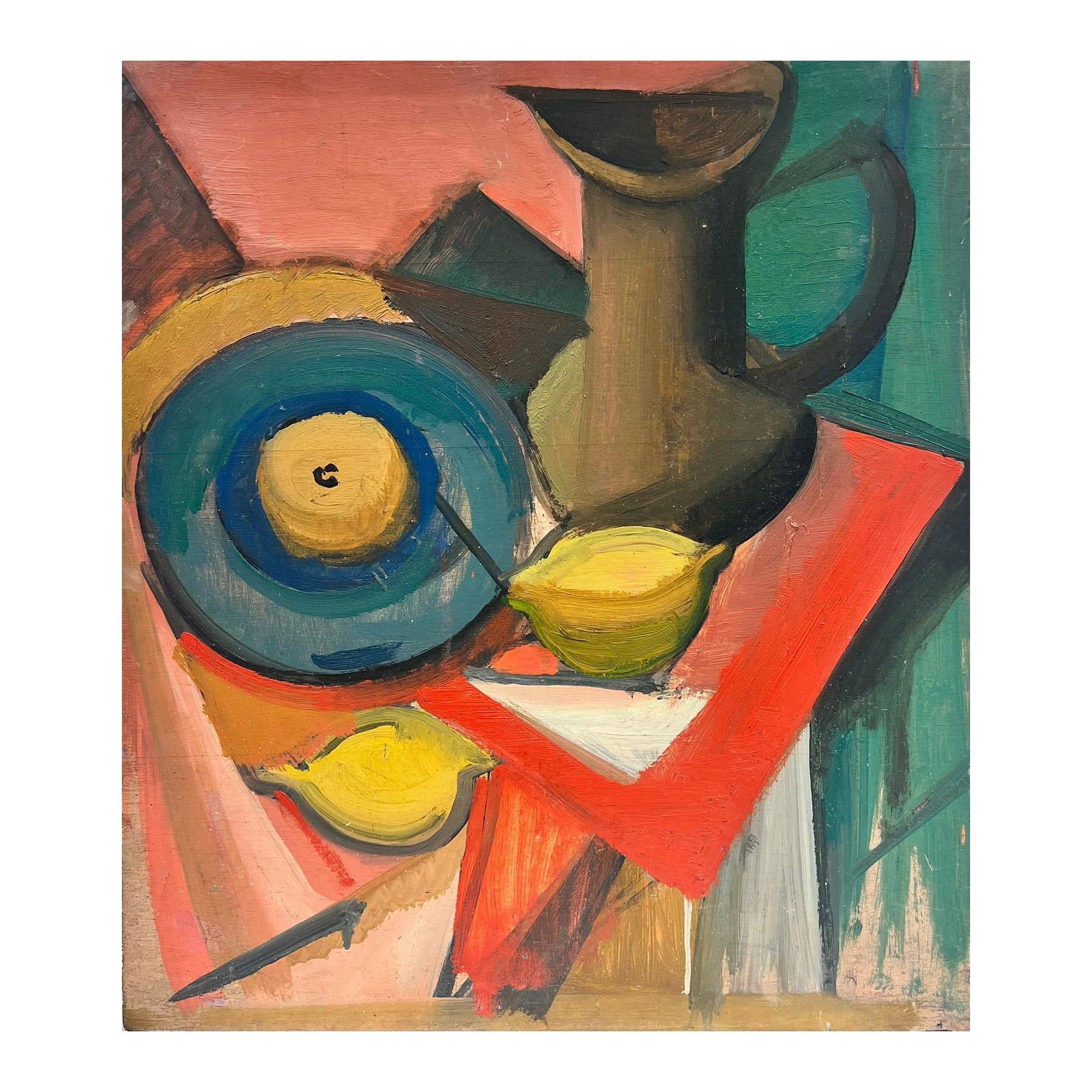 French School Still-Life Painting - 1950's French Cubist Still Life Oil Painting Lemons Jug & Plate Green yellow red