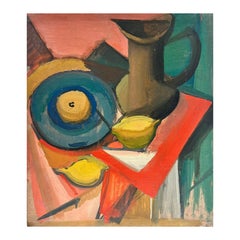 1950's French Cubist Still Life Oil Painting Lemons Jug & Plate Green yellow red