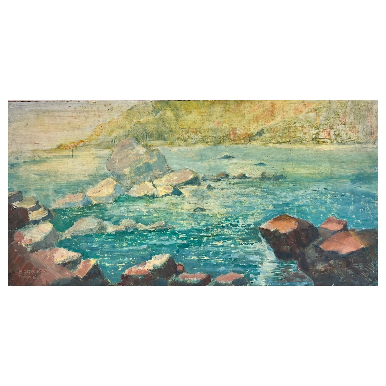 Barbera Doyle Landscape Painting – Modernes britisches impressionistisches Ölgemälde Spanische blaue Meeresfelsen aus den 1970er Jahren