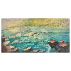 1970's Modern British Impressionist Oil Painting Spanish Coastal Blue Sea Rocks