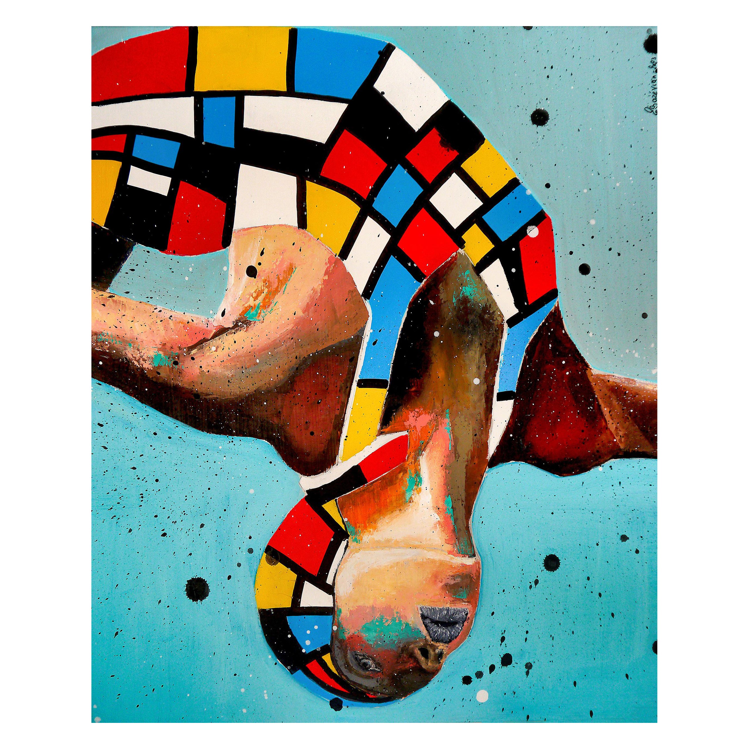 Bazevian DelaCapuciniere Figurative Painting - French School - Portrait PS 211 Mondrian Diving Upside down - Post Impressionist