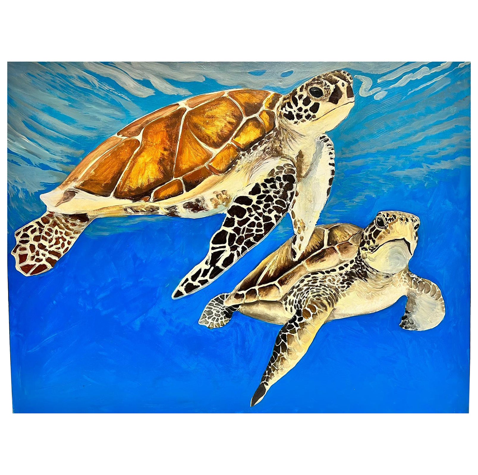 British contemporary Landscape Painting - Sea Turtles Swimming in Blue Sea Large Contemporary British Painting on Canvas