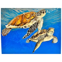 Sea Turtles Swimming in Blue Sea Large Contemporary British Painting on Canvas