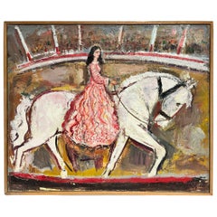 Lady on White Horse in Circus Ring Original French 1950's Modernist Oil Painting