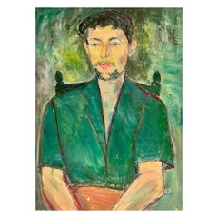 Portrait of Man in Green Original French Mid Century Post-Impressionist Oil