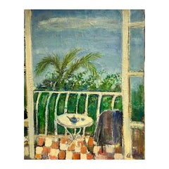 Original Post-Impressionniste Français du milieu du siècle Huile Verte Balcon Med Terrasse Vue