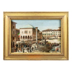 19th century Italian city view painting - Udine visit King Italy - Oil on canvas