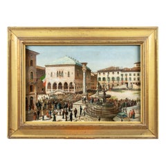 Tableau de vue d'une ville italienne du 19ème siècle - Visite d'Udine King Italy - Huile sur toile