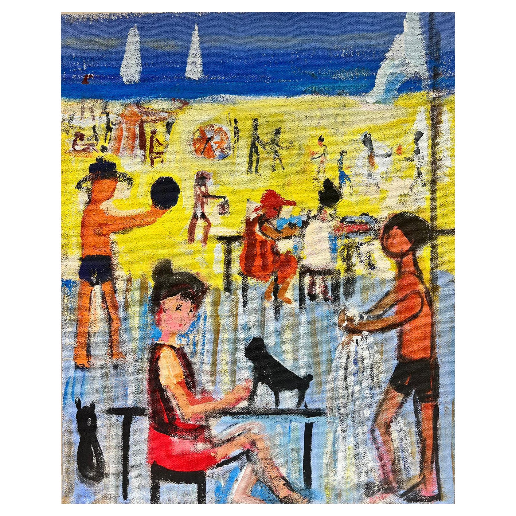 Huguette Ginet-Lasnier  Figurative Painting - Large French Contemporary Modernist Oil Painting Figures Playing on Sunny Beach