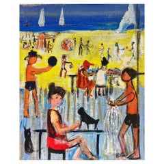 Large French Contemporary Modernist Oil Painting Figures Playing on Sunny Beach