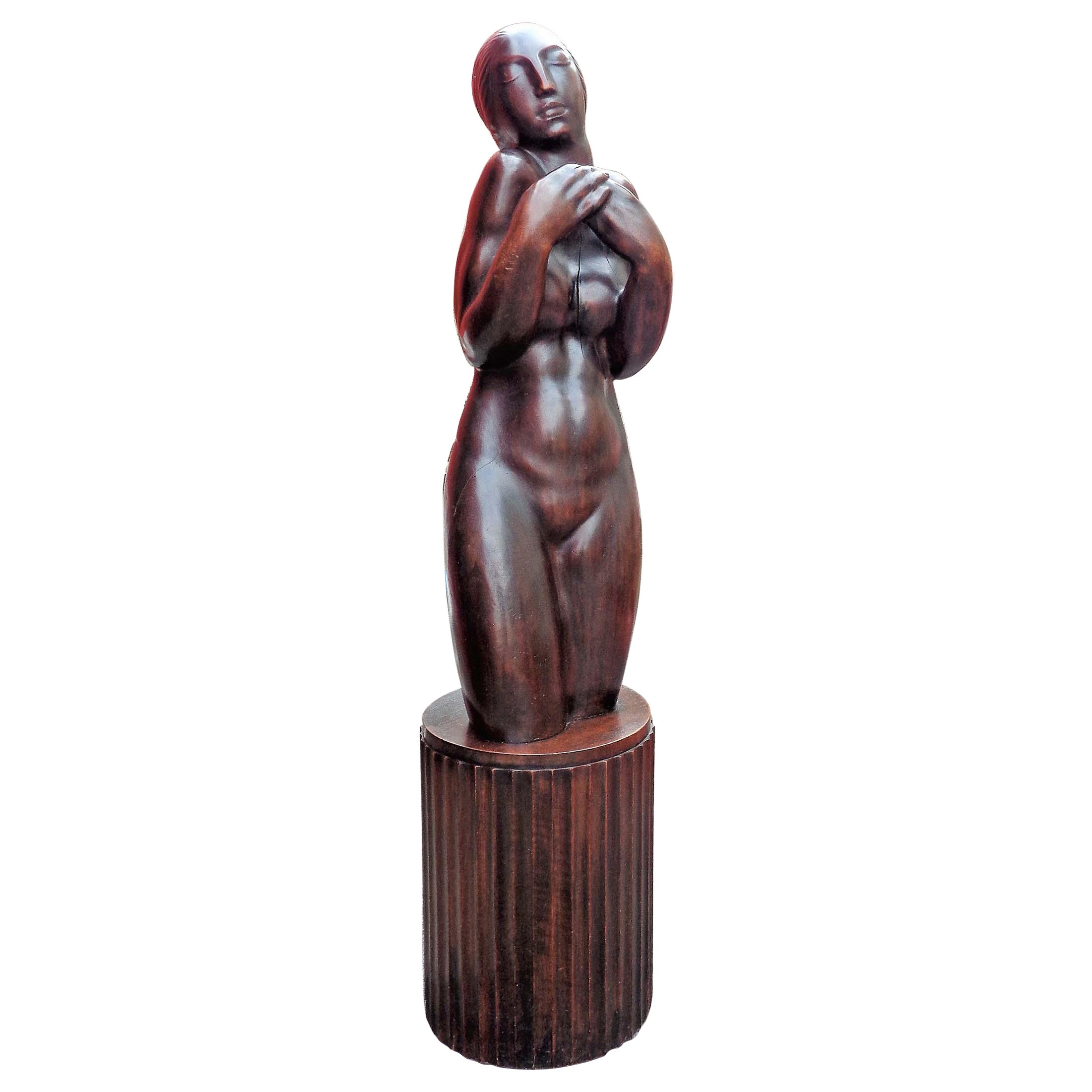 Escultura francesa Art Déco de nogal de una mujer desnuda, hacia 1920