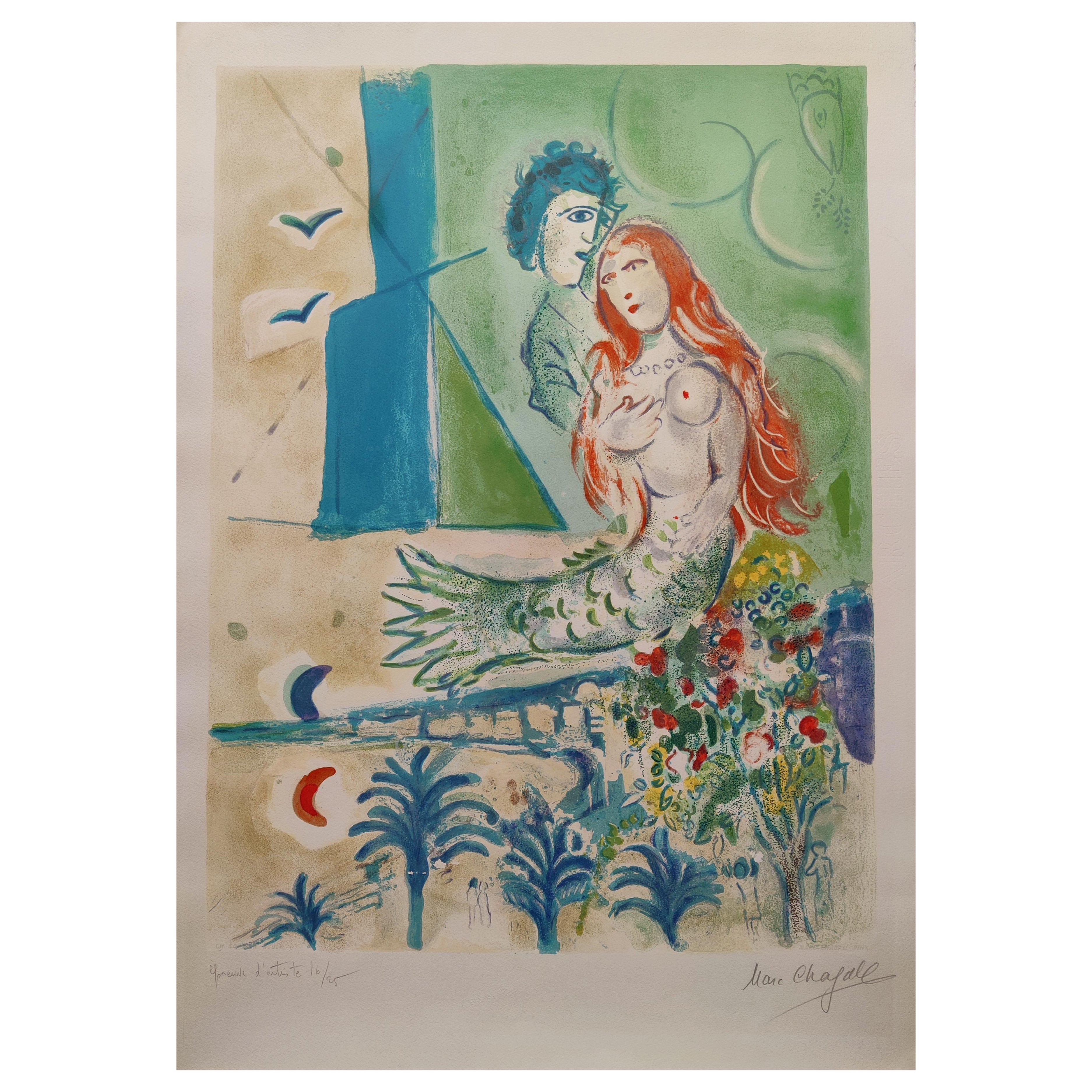 (After) Marc Chagall
Siren with the Poet, from Nice and the Côte d'Azur, 1967
EA 16/25
Hang signed low right
Image size 61.5 X 45.5
Sheet size  73.2 x 52.6
The paper bears the Arches watermark in the right margin and is stamped with the ink stamp of