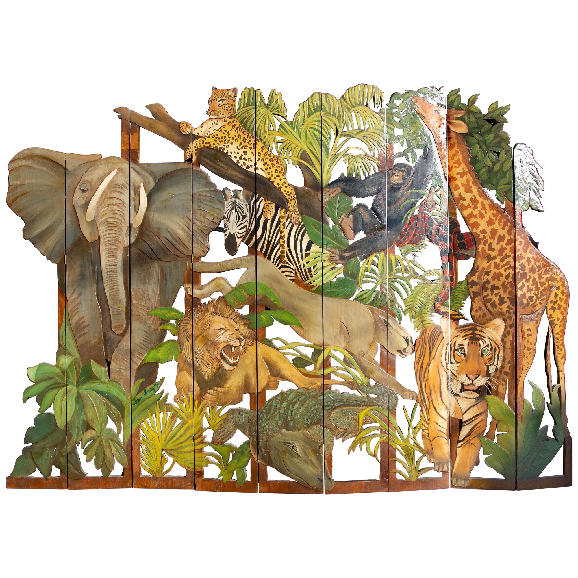 Carved African Jungle Screen with Exotic Wild Animals Signed
