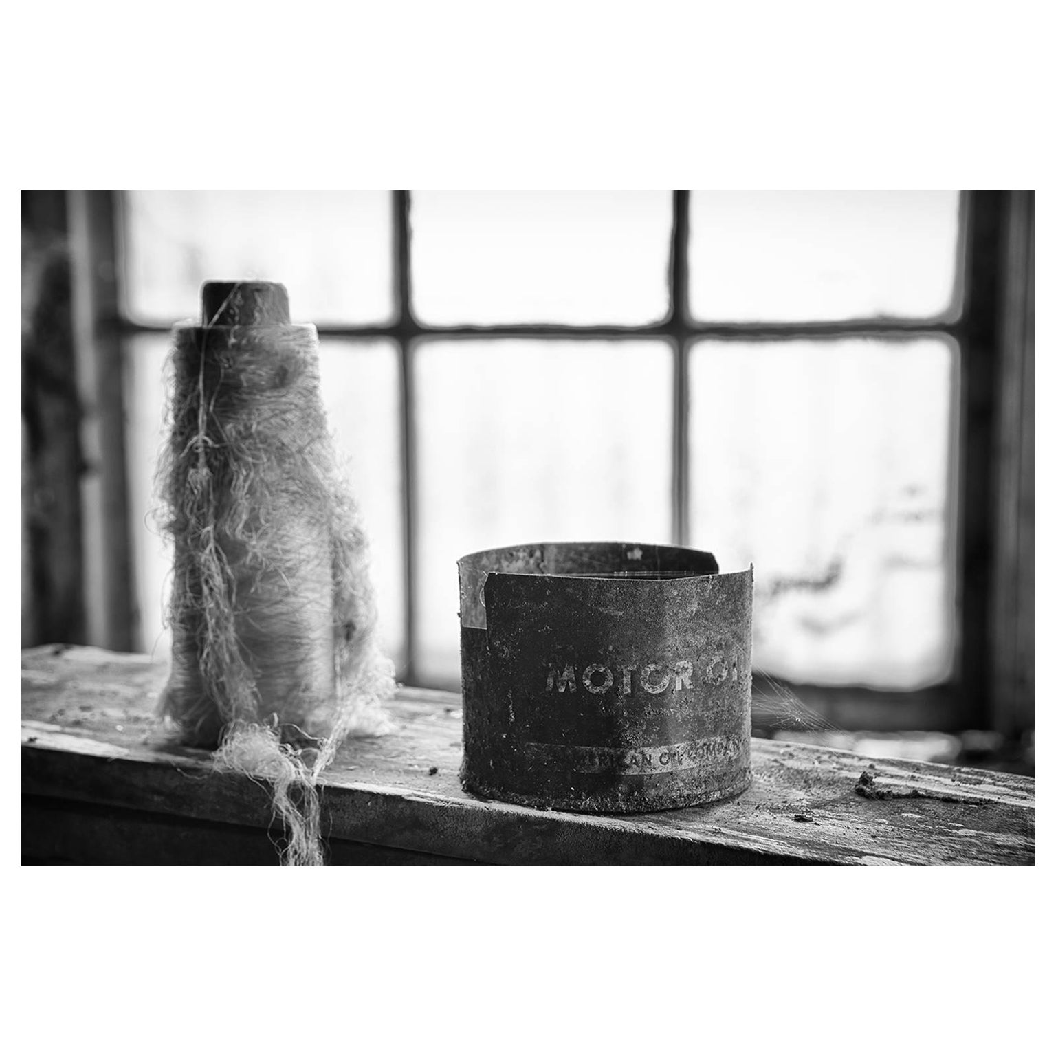 Rebecca Skinner Still-Life Photograph - "Collection #3", black and white, abandoned, silk mill, industrial, photograph