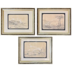 George Loring Brown, Set of Pencil Drawings of 3 Naples, Italy Coastal Scenes