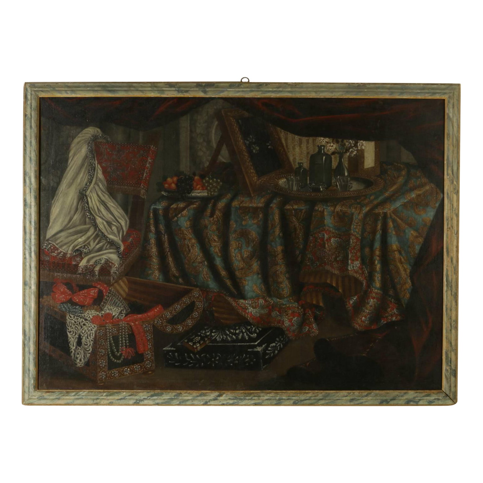 Unknown Still-Life Painting - Still Life with carpets, jewels, fruit and a mirror