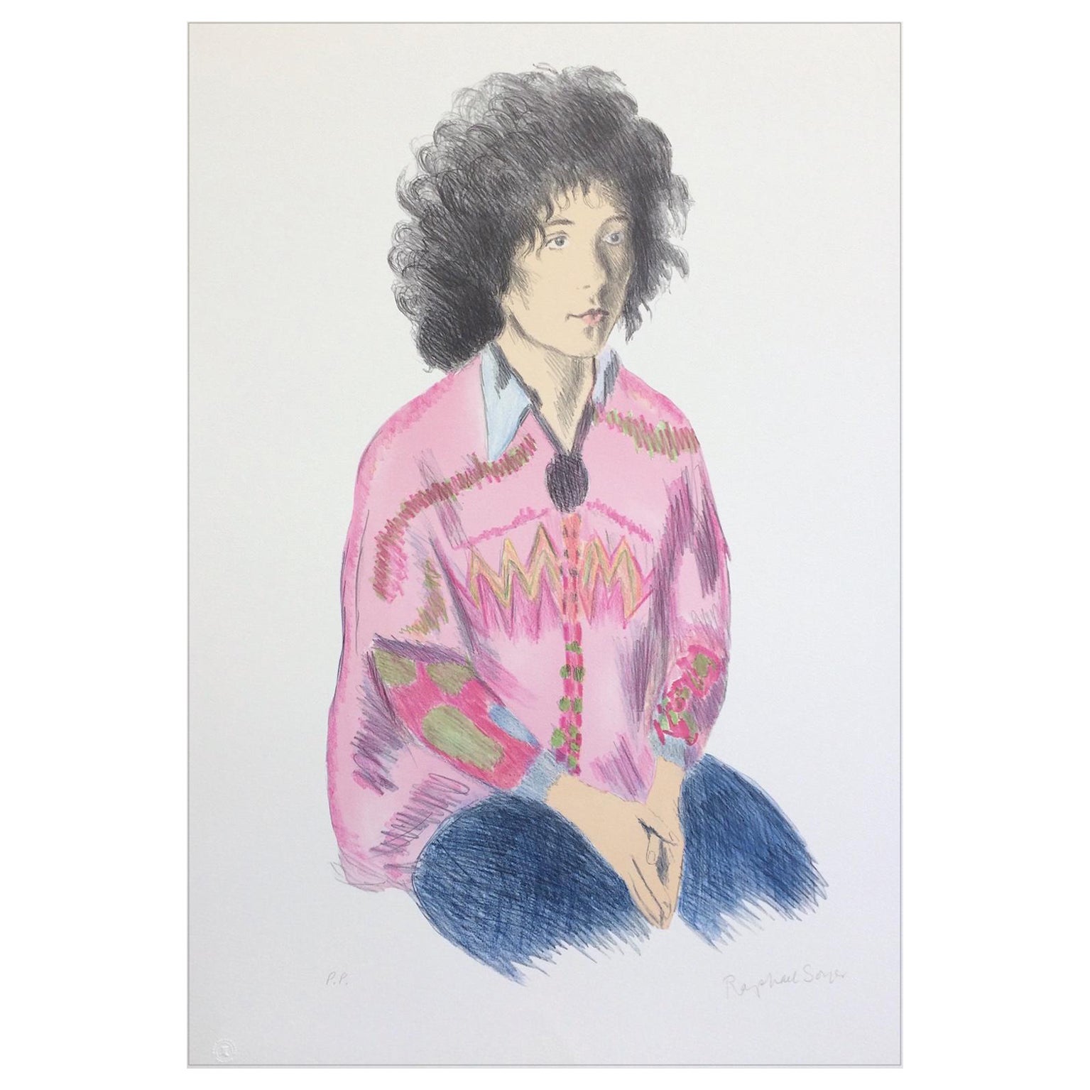 Porträt von Liz, signierte Lithographie, sitzende Frau mit flauschigem Haar, rosa Tunika, Jeans