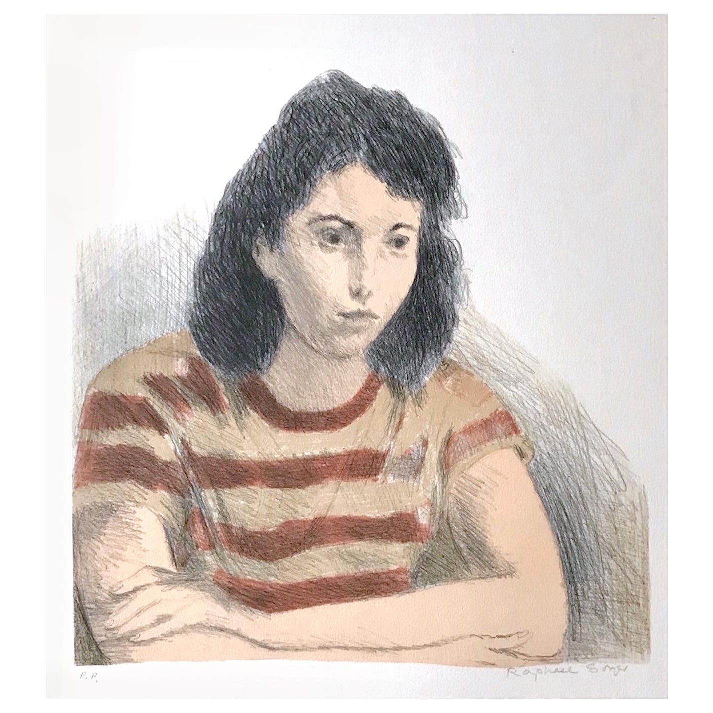 YOUNG WOMAN, STRIPED TEE SHIRT Signierte Lithographie, Realismus-Porträt, Rost, Pfirsich