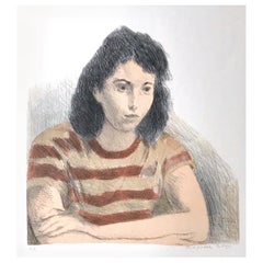 YOUNG WOMAN, STRIPED TEE SHIRT Signed Lithograph, Tomboy Style Portrait, Realism