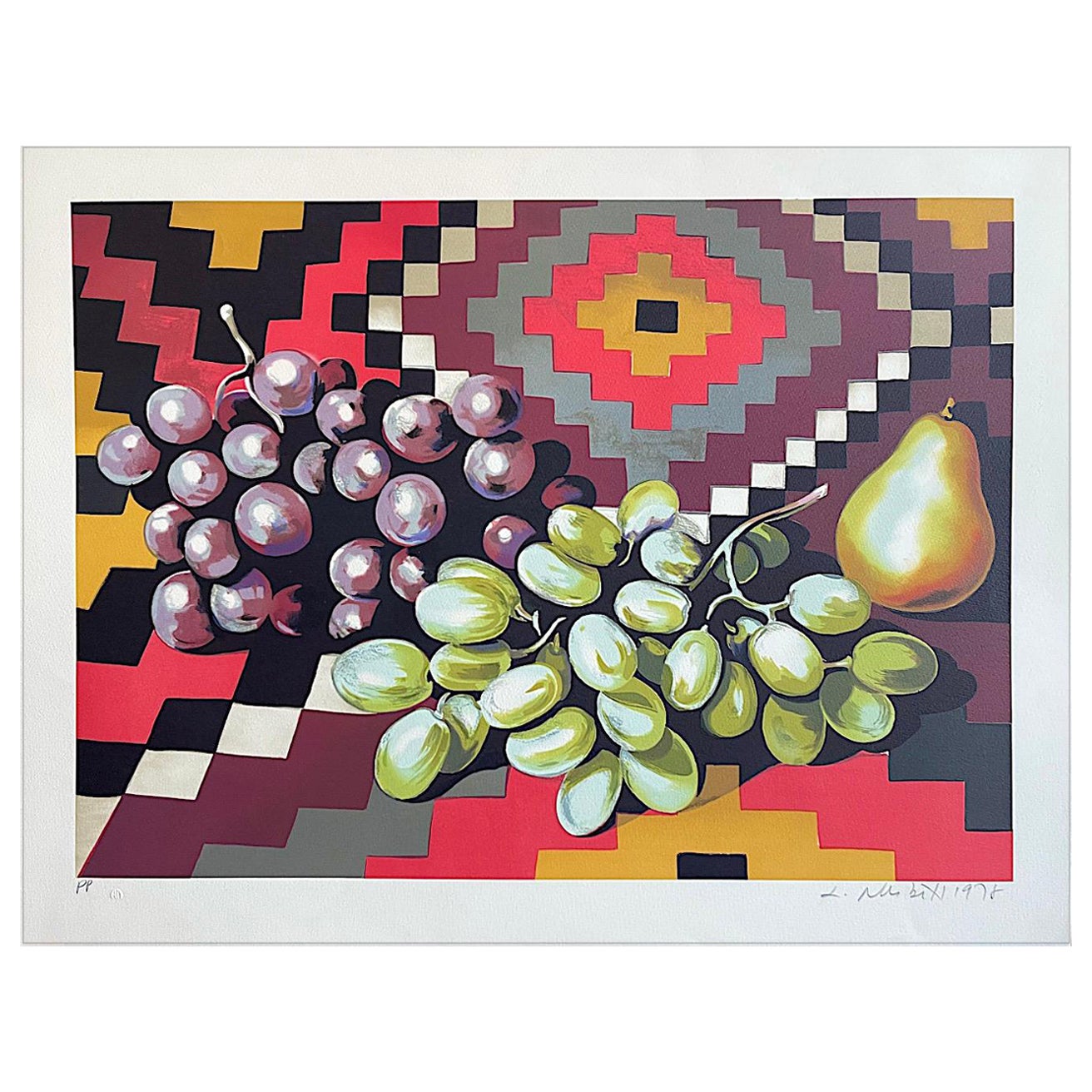 Lowell Nesbitt Still-Life Print - STILL LIFE WITH GRAPES AND PEAR Signed Lithograph, Southwest Style Textile Fruit
