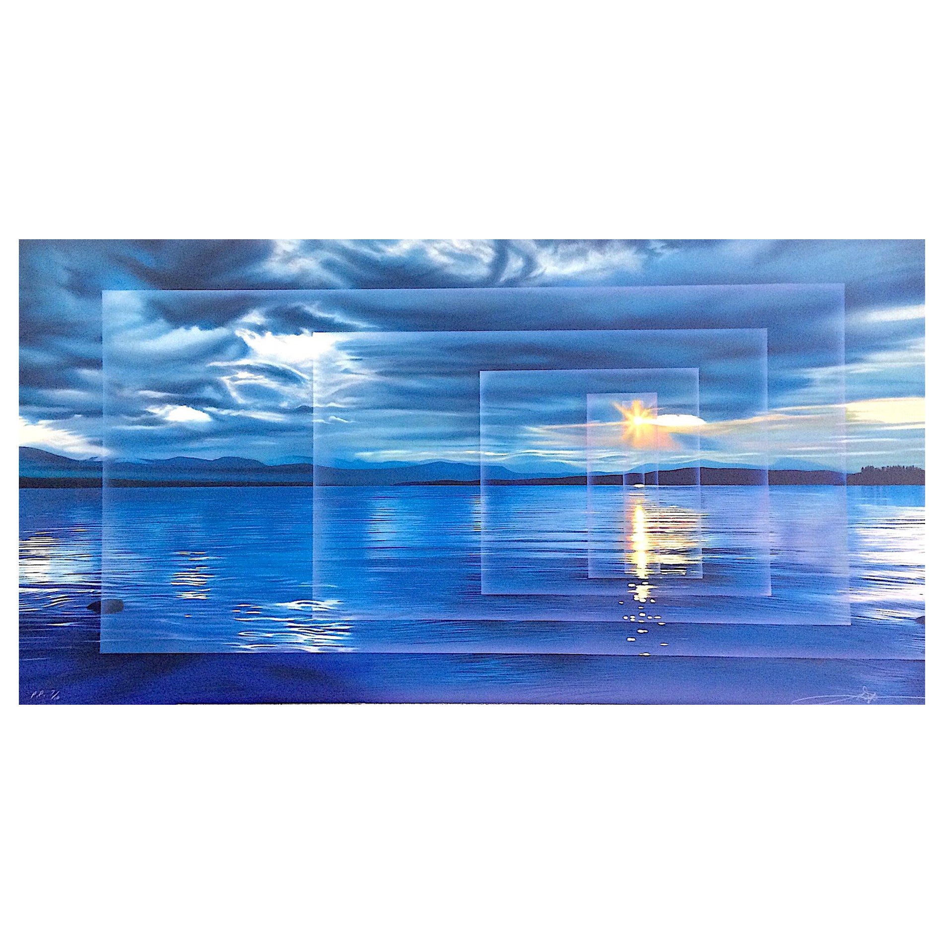 CALM Signierte Lithographie, blaue Wasserlandschaft, Sonnenuntergang, gelbe Sonne, Wolken