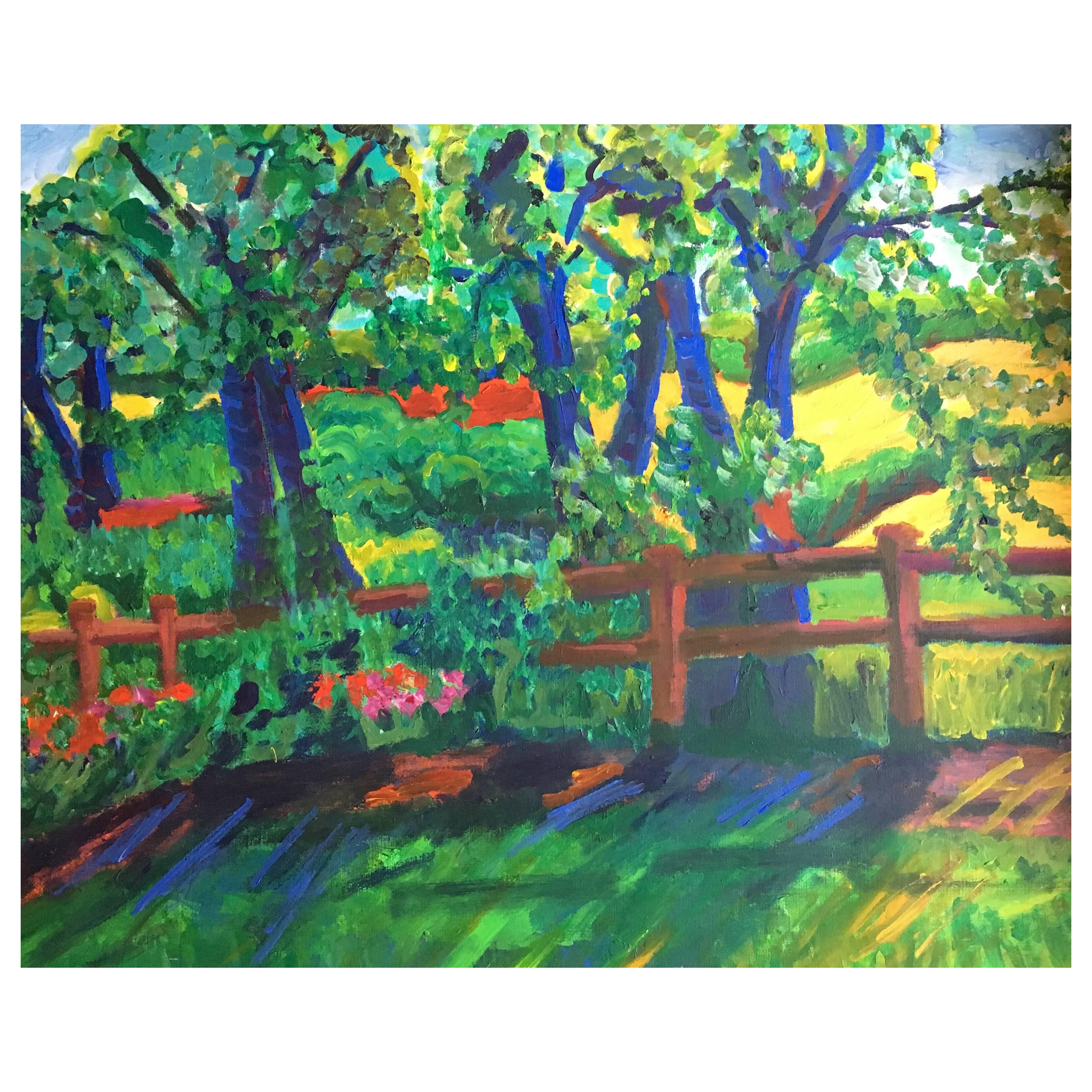 Pamela Cawley Landscape Painting - Huge British Oil Painting Impressionist Sunlit Country Lane Green & Gold Colors