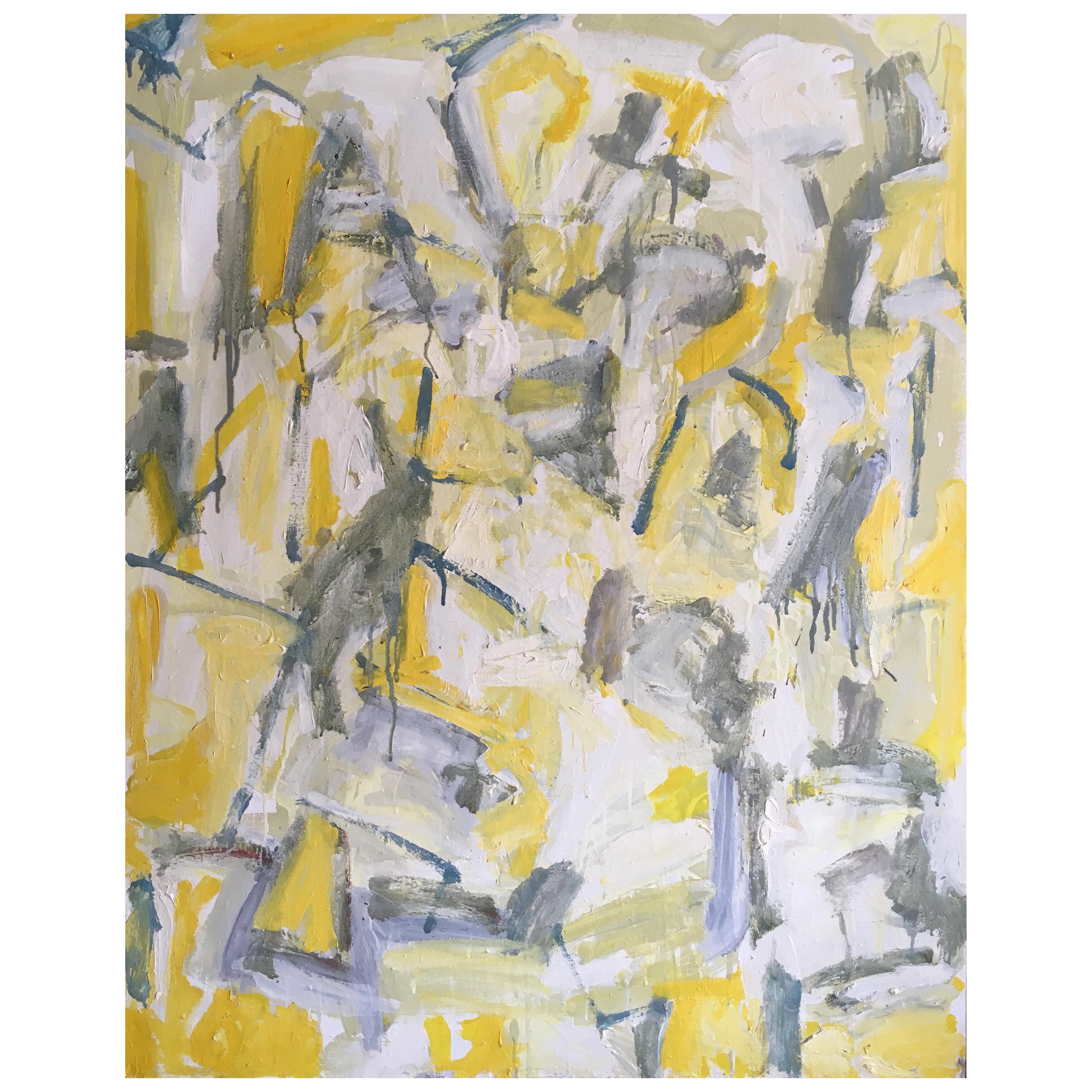 Abstraktes, großes Ölgemälde auf Leinwand, kubistisches expressionistisches Werk in Gelb und Grau