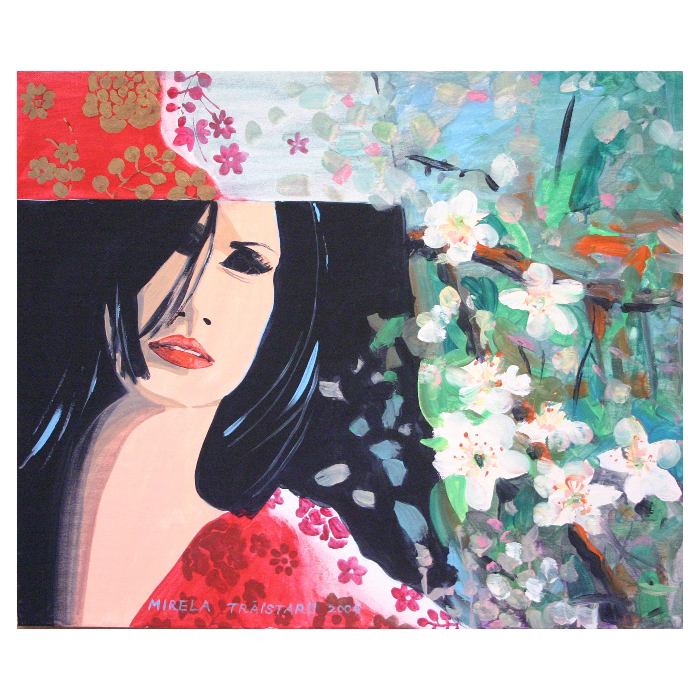 Mirela Trăistaru Figurative Painting - Paradise 04 - 21st Century, Flowers, Red, Human Figure, Landscape, Mood