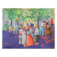 Vintage Orange Fruit Picking Impressionist Landscape Original Oil Painting, Signed