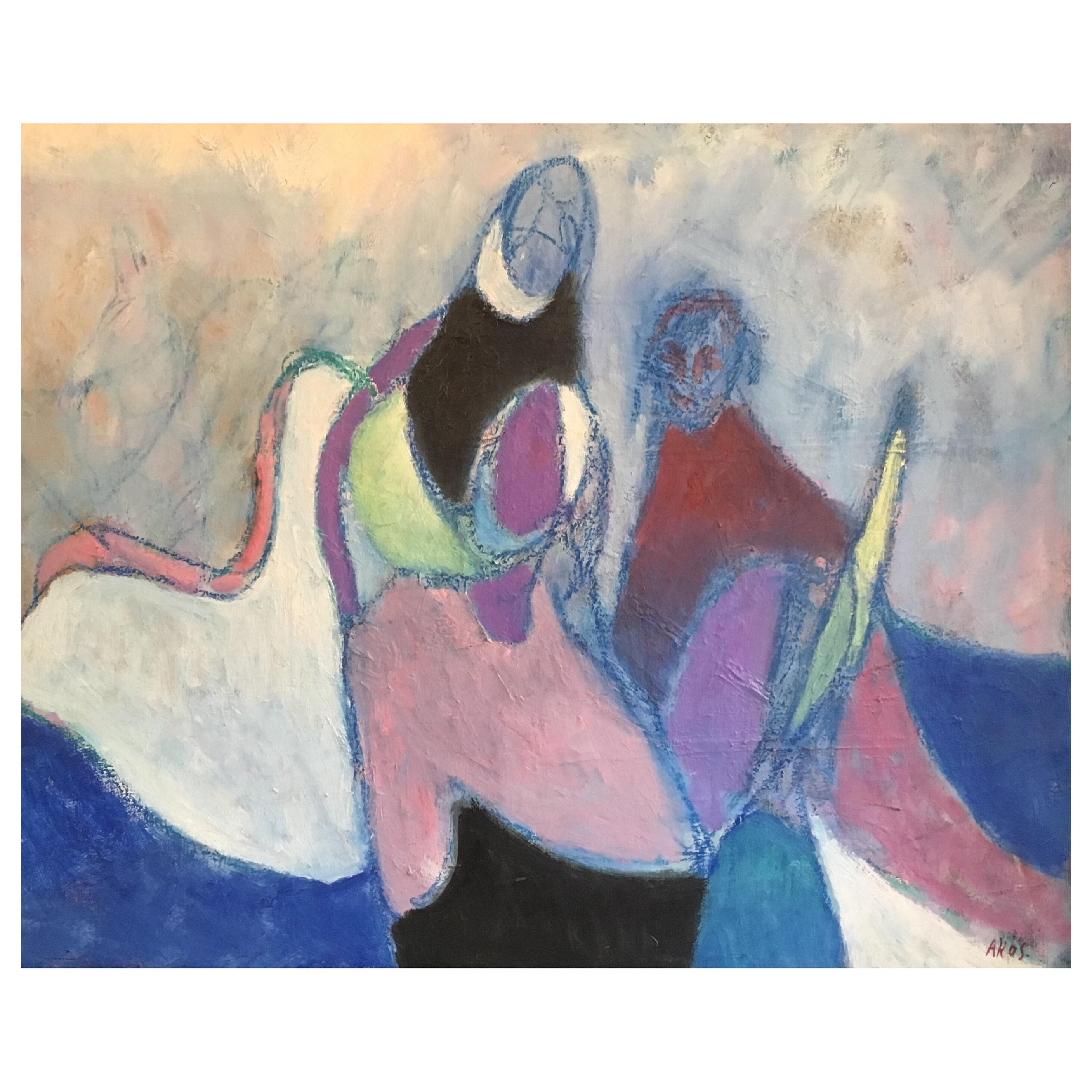 Akos Biro Portrait Painting - Huge MultiColoured French Abstract Cubist Figures Dancing Original Oil Painting 