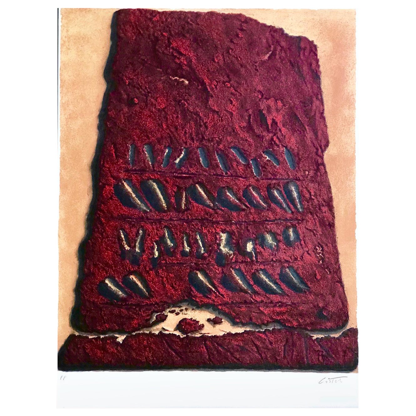Moshe Castel Abstract Print - SECRET WRITINGS Signed Lithograph, Ancient Script, Red Stone Tablet