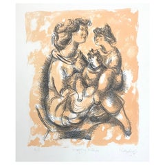 HAPPY MOTHER Signed Lithograph, Mother and Daughters Portrait Drawing