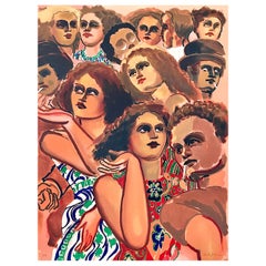 CITY GROUP Signed Lithograph, Street Crowd, Doll-Like Faces, Peach Orange Brown