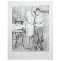 STANDING SEAMSTRESS, Signed Lithograph Female Portrait Sewing Machine Dress Form