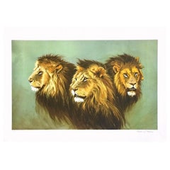 LION PORTRAIT Signed Lithograph, African Lion Heads, Modern Wildlife Art