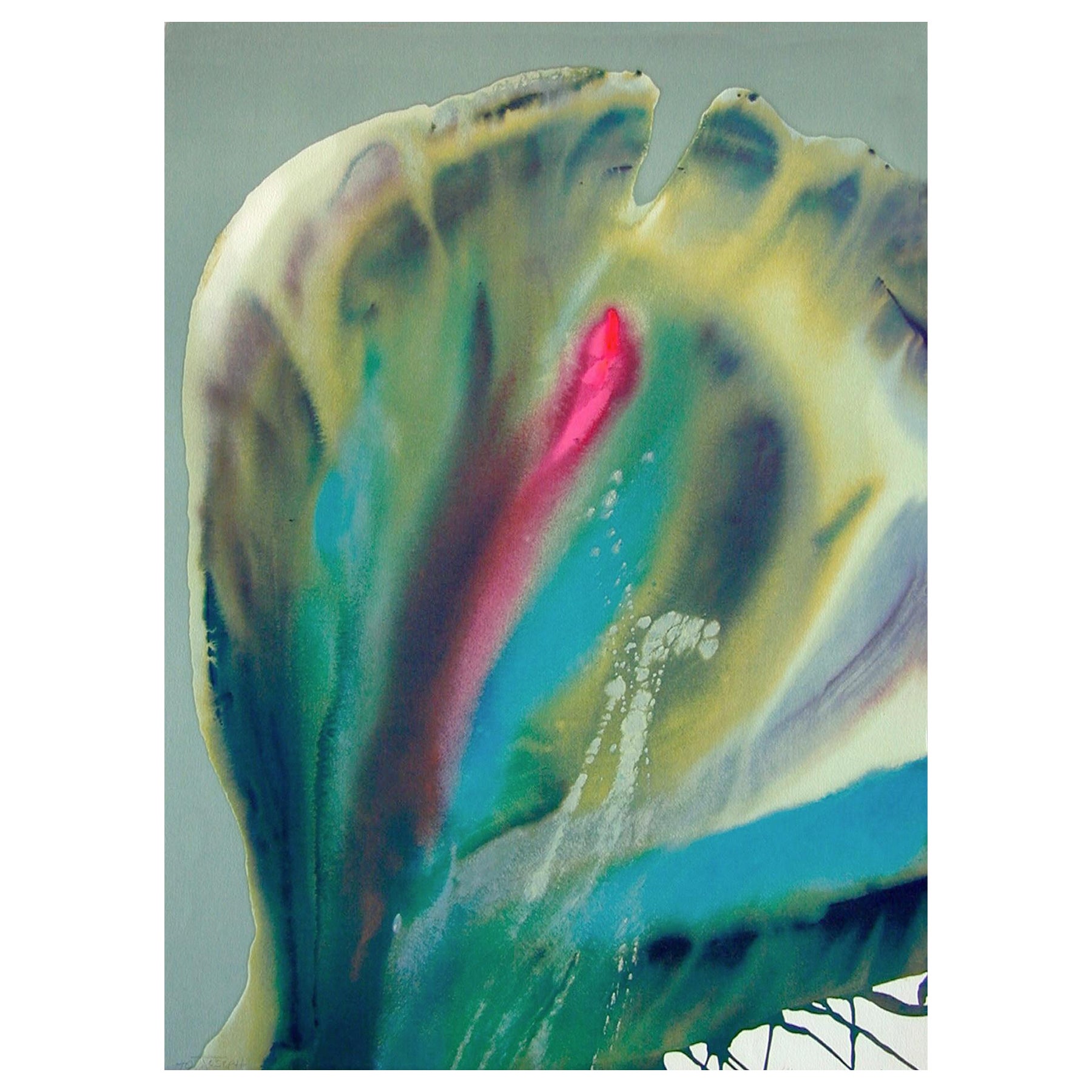 FLOWER COSAS II, signierte Lithographie, Abstraktes Aquarell, Pfauenfarben
