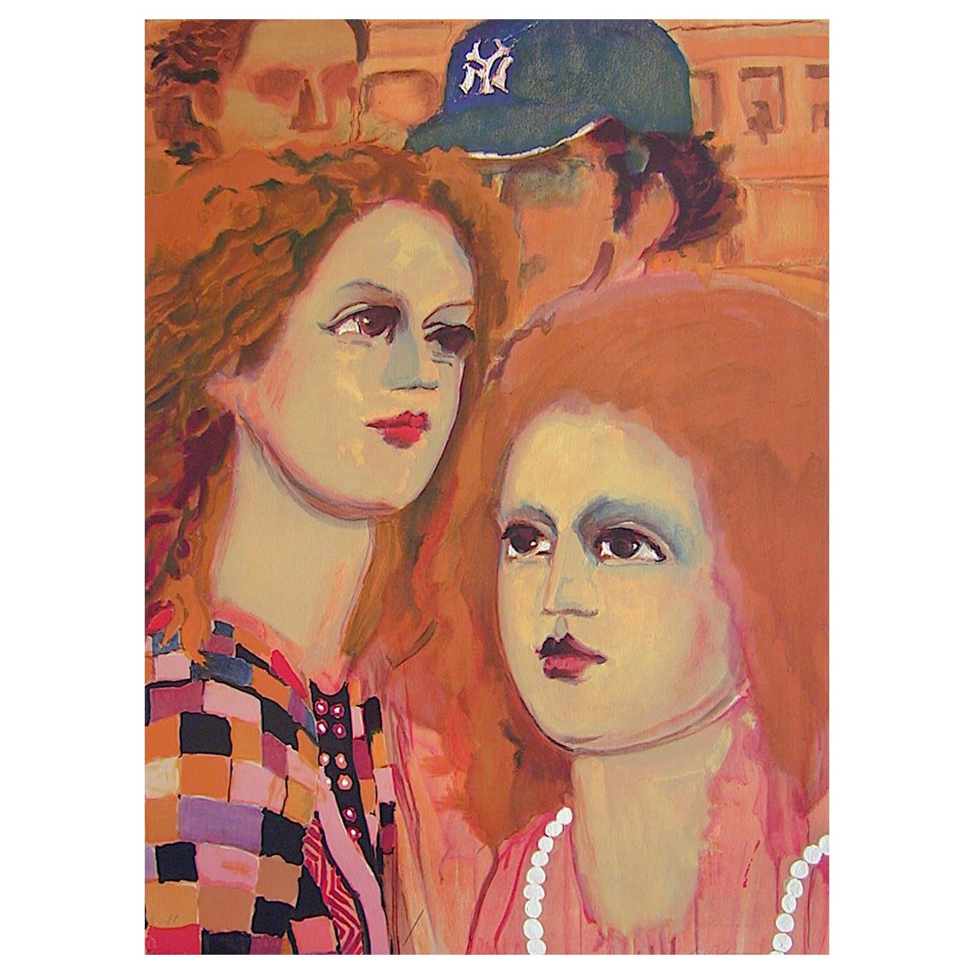 NY SCENE: FACES Signierte Lithographie, Porträtfrau mit rotem Haar, Mann mit blauer Yankee-Kappe, signiert