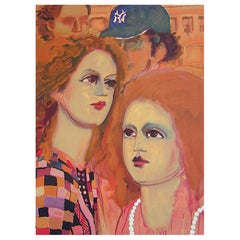 Vintage NY SCENE: FACES Signed Lithograph, Portrait Women Red Hair, Man Blue Yankee Cap