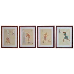 Rare Set of 4 Gouache Drawings " The Sexy Morning of a Late Parisian "