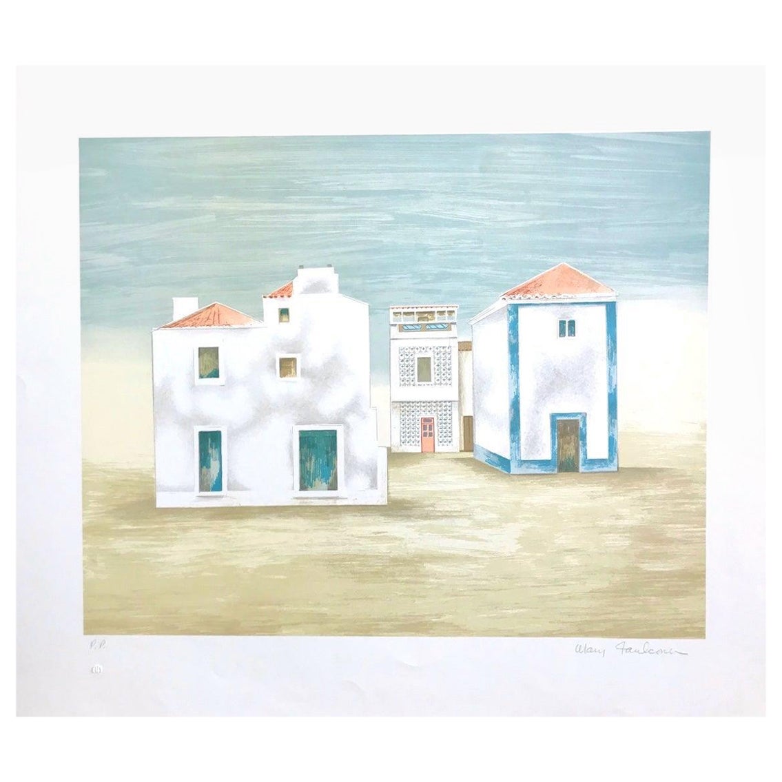 Mary Faulconer Print - ALGARVE LANDSCAPE Signed Lithograph, Minimalist White Houses, Blue, Beige, Gray