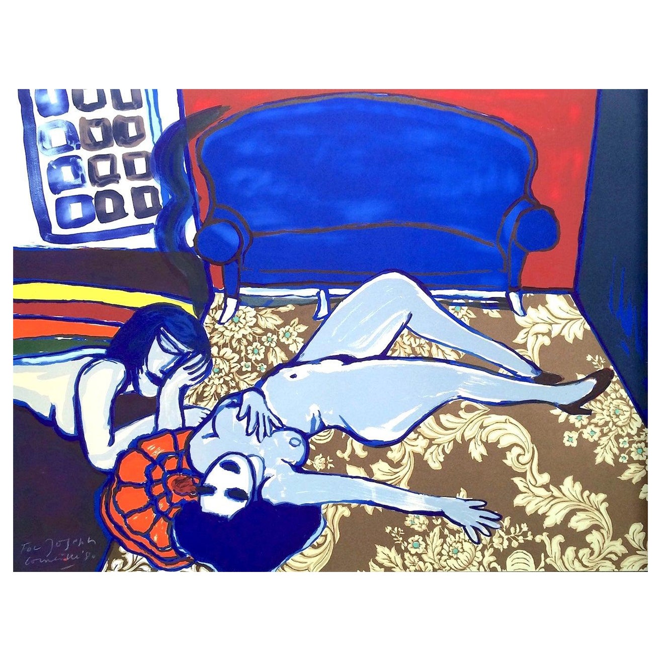 DEUX AMIES Signed Hand Drawn Lithograph, Female Nudes, Blue Sofa, Floral Rug