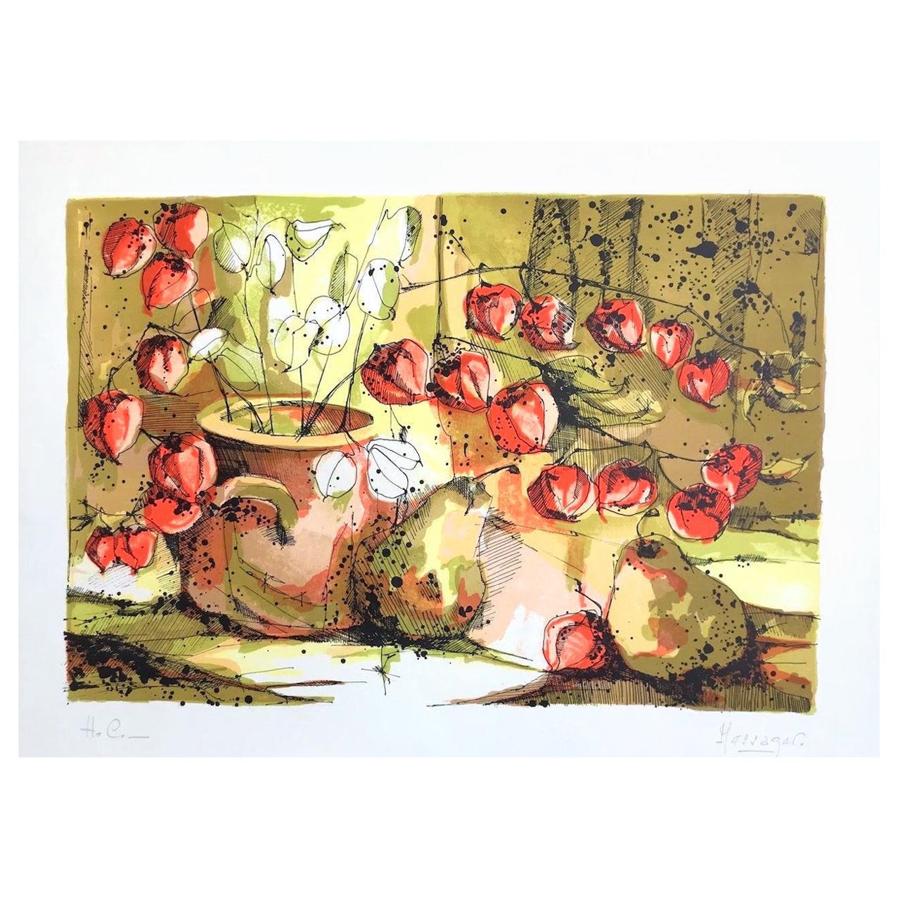 Unknown Interior Print - Chinese Lantern Flowers with Pears, Signed Lithograph, Sunlit Window Still Life