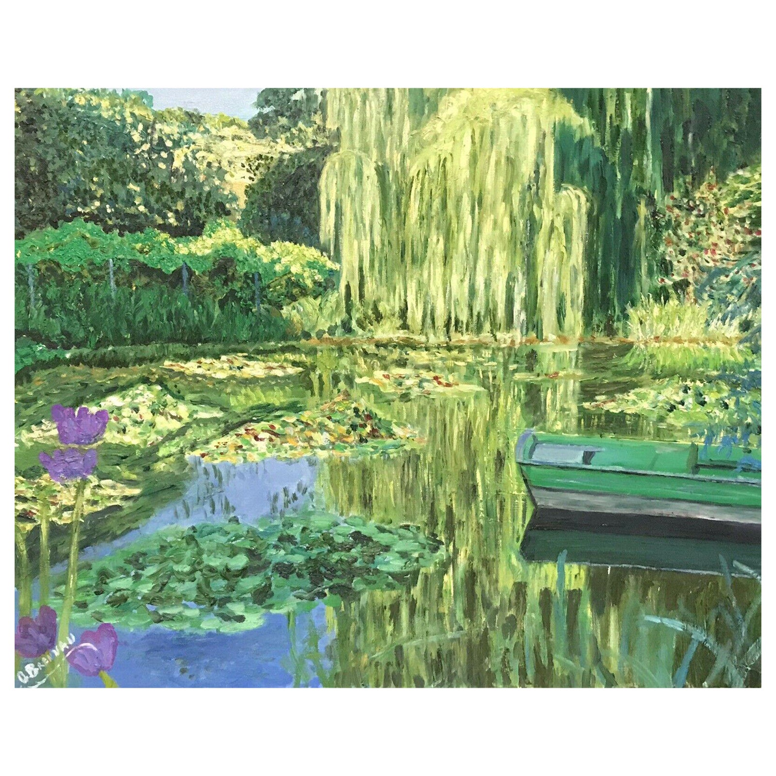 French Impressionist Landscape Painting - MONET'S GARDEN WATERLILY POND GIVERNY  SIGNED IMPRESSIONIST OIL PAINTING