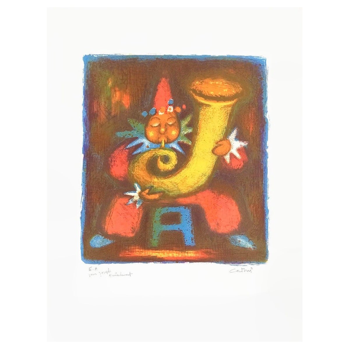 CLOWN TUBA PLAYER Signed Lithograph, Circus Clown Portrait, Red, Yellow, Blue - Print by Unknown