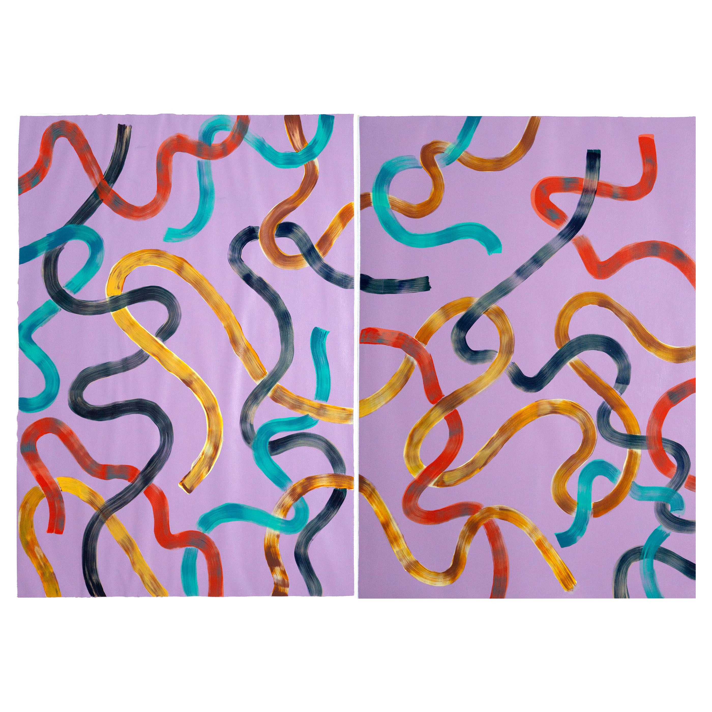 Abstraktes Diptychon mit lebhaften gelben Schleifen auf Violett, zeitgenössisches Gemälde