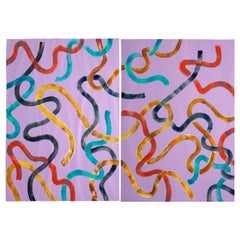 Abstract Diptych of Vibrant Yellow Strokes on Violet, Contemporary Painting
