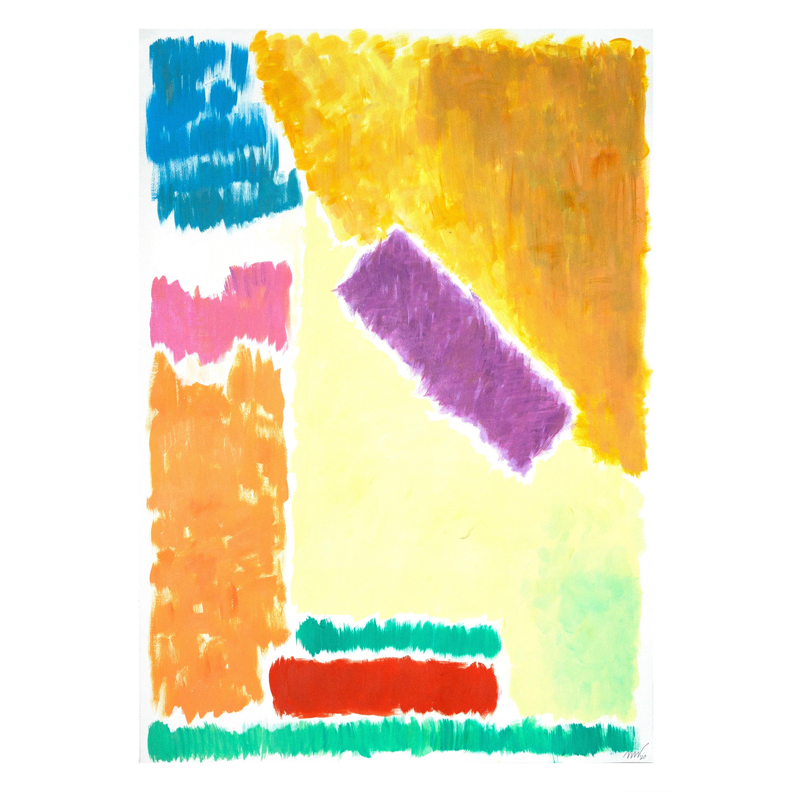 Paysage géométrique au pastel, peinture contemporaine sur papier, inspiration des années 70