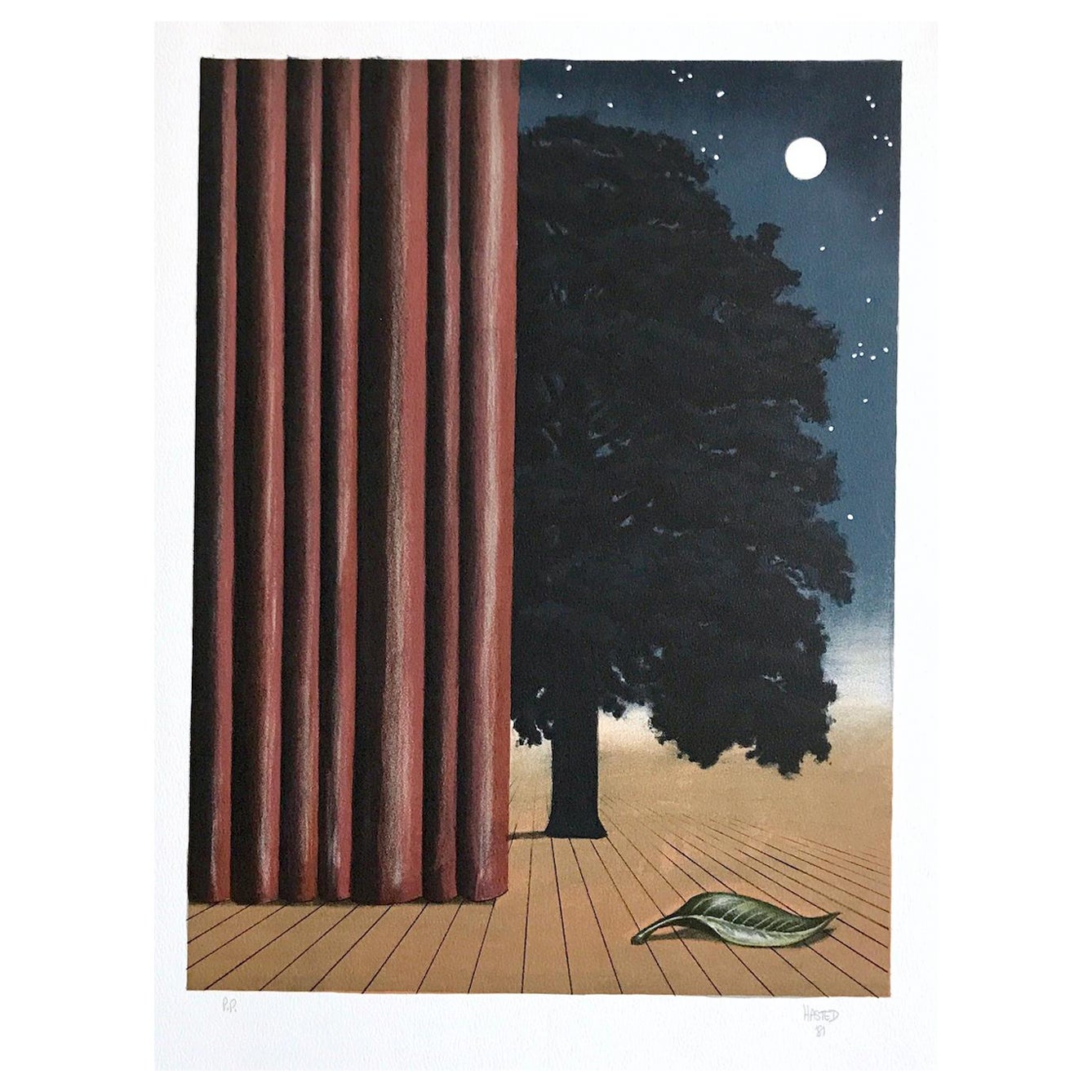 Handgezeichnete Lithographie „The MAIN ATTRACTION“, Surrealistisch, Mond, Baum Onstage